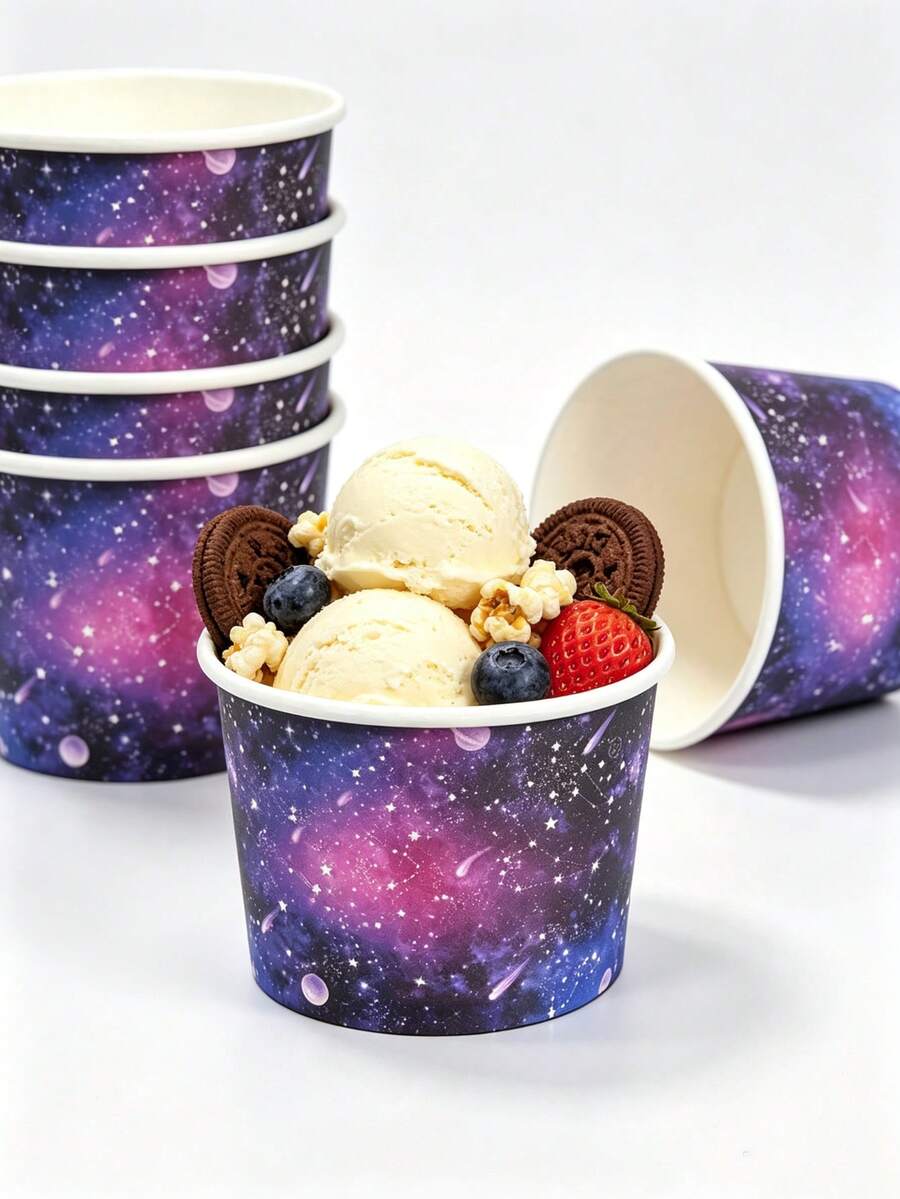 Galaxy Ice Cream Cups, Printed With Universe Starry Sky And Planet Patterns, Disposable Dessert Bowls, Suitable For Cold Drinks, Frozen Yogurt, Ice Cream, Pudding And Snacks, Perfect For Adult Sci-Fi Theme Parties, Astronomy Gatherings, Space Events, Catering Services And Dessert Shops - Multicolor - View 1