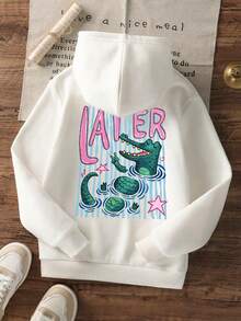 Hoodie Anak Perempuan dengan Motif Kartun Buaya di Punggung, Pullover Kasual Ukuran Besar - Putih - View 3