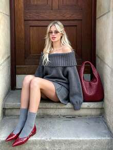 Women's Slouchy Off-Shoulder Sweater, Loose Fit Dropped Shoulder Chunky Knit Long Sleeve Pullover Top, Autumn/Winter - Grey - View 7