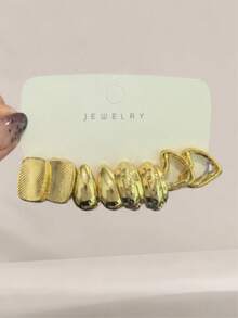 Set Anting Emas Metalik 24/8pcs Elegan dengan Motif Bunga dan Geometris, Bentuk Hati & Poligon, Cocok untuk Pemakaian Sehari-hari, Hadiah Kejutan - Yellow Gold - View 2