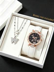 2Pcs/Set Sweet & Cool Style Women's Watch + Rhinestone Leather Strap Quartz Wristwatch, Holiday Birthday Gift Accessory, Suitable For Qixi, Valentine's Day, Christmas, Birthday Party, Anniversary, Thanksgiving Gift Giving. - Multicolor - View 2
