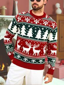 Men's Autumn/Winter Christmas New Crew Neck Knit Sweater, Essential For Christmas, Casual Business, Versatile Commute, Holiday Wear - Red - View 2