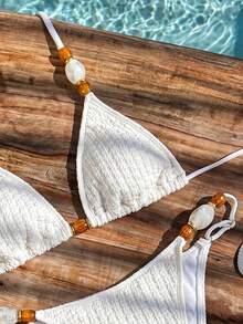 Bikinx Women's Halter Neck Backless Textured Fabric Bikini Set, Contrast Color Beaded Design, Casual Vacation Beach Style - White - View 5