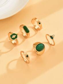 6pcs Emerald Green Luxury Elegant Versatile Stackable Crown Design High-End Rings For Women - Golden Yellow B - View 2