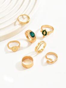 7pcs Set Luxury Sparkling Green Rhinestone Geometric Hoop Design Stackable Versatile Women's Jewelry - Golden D - View 5
