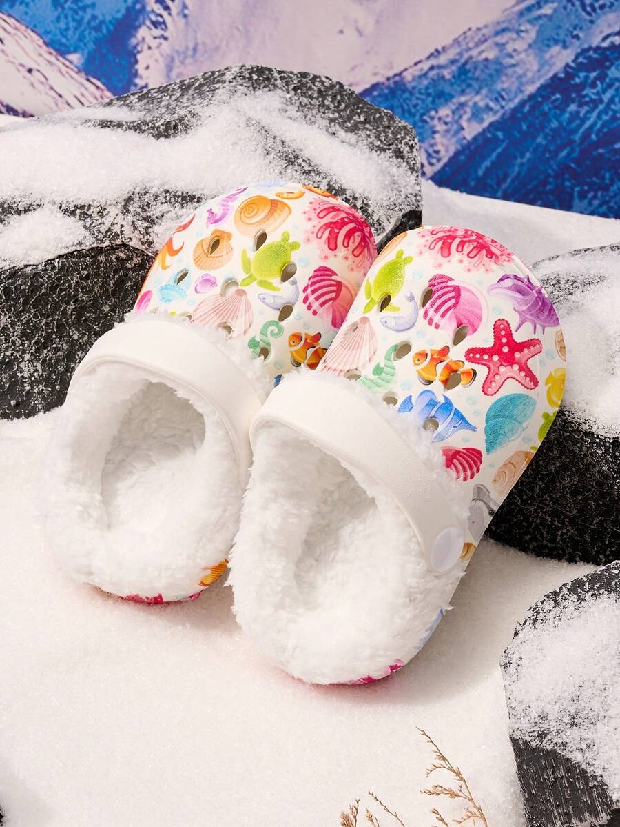 1 Pair Kids Comfortable Fashion Casual Lightweight Ocean Print Thermal Lined Clogs Suitable For Autumn/Winter - White - View 1