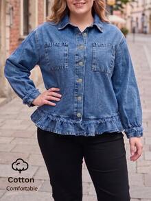 Women's Plus Size Traceable Cotton Ruffle Trim Elegant Denim Jacket Coat Autumn Top Casual - Blue - View 1