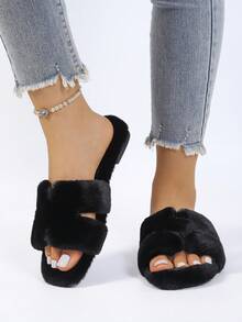 Women's Fashionable Comfortable Soft Home Slippers, Fuzzy Slippers, Women's Fluffy Open Toe Platform Slippers, Comfortable Solid Color Non-Slip Shoes, Soft Non-Slip House Slippers - Black - View 2