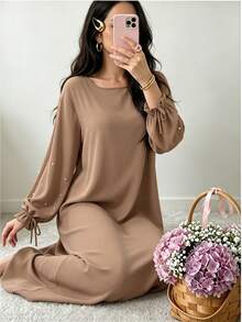 Elegant Double Layer Khimari Long Robe, Pearl Decorated Drawstring Sleeves, Loose Fit Modest Long Dress, Suitable For Middle Eastern Women - Multicolor - View 8
