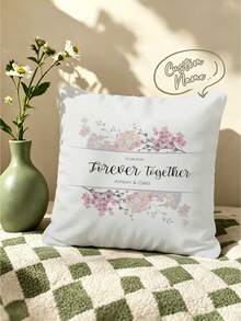 1pc Pink Floral Graphic Customized Pillowcase, Personalized Name & Date Handwritten Font Print Cushion Cover, Couple Keepsake Love Gift Pillowcase, Home Decor Bed Headboard Sofa Square Pillowcase, Pillow Insert Not Included - Multicolor - View 1