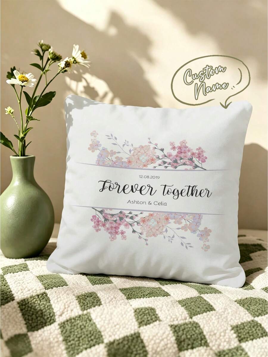 1pc Pink Floral Graphic Customized Pillowcase, Personalized Name & Date Handwritten Font Print Cushion Cover, Couple Keepsake Love Gift Pillowcase, Home Decor Bed Headboard Sofa Square Pillowcase, Pillow Insert Not Included - Multicolor - View 1