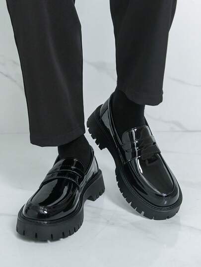 Men's Glossy Thick Sole Loafers, Business Formal Suit Shoes, Slip-On Low-Top Casual Shoes For Commuting, Banquet, Dating