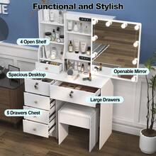 Teousev Dressing Table With LED Lights Mirror & Stool, Vanity Makeup Table With 5 Drawers, Open Storage Shelves, 3 Colour Adjustable Light, Lockable Drawers, White Cosmetic Desk For Bedroom - White - View 2