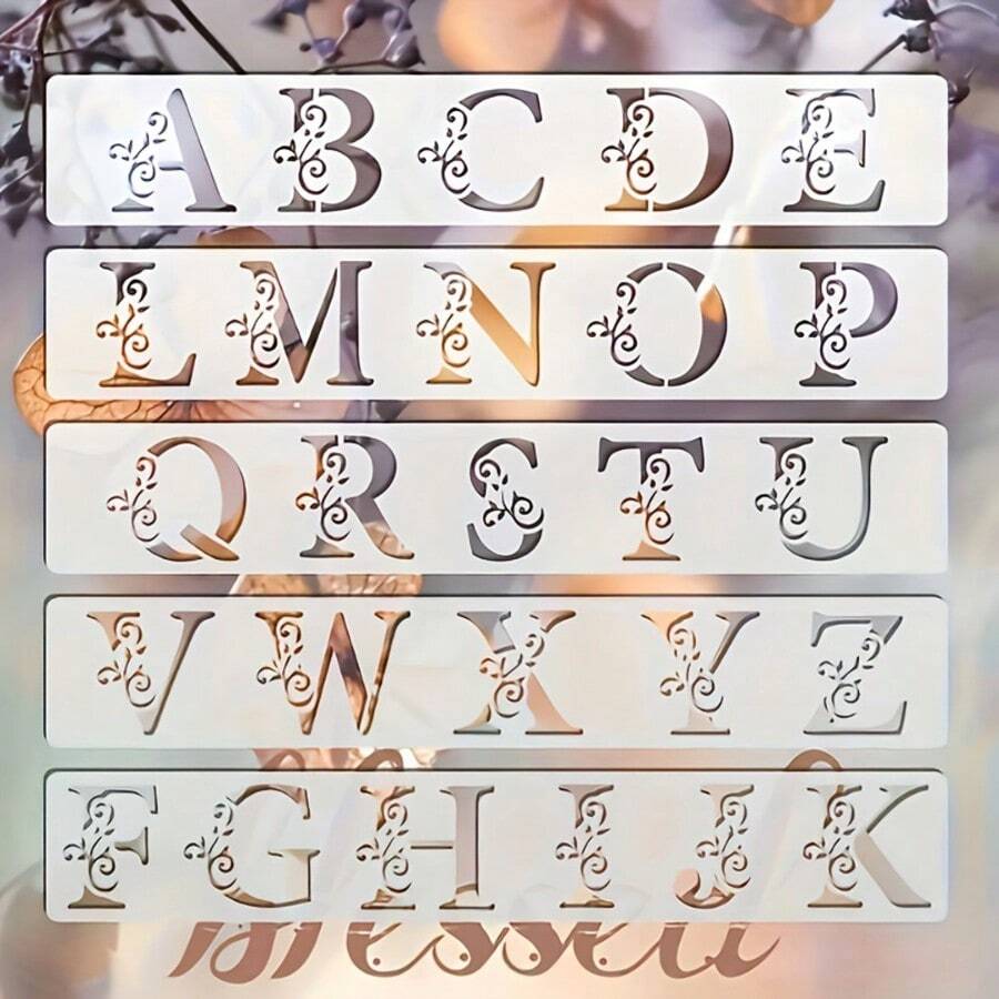 5pcs Floral Letter Stencil Set, 2x12 Inch Uppercase & Lowercase Letters And Numbers Painting Templates For Fabric, Scrapbooking, Wedding, Birthday Celebration, Compatible With Glitter, Spray Paint And Craft Materials, Multi-Functional Decorative Creative Tool