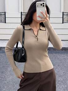 2026 Early Autumn New Polo Collar Knitted Base Layer Top For Women, 3-Button Turn-Down Collar Waist-Flattering Knit Sweater Fall - Khaki - View 2