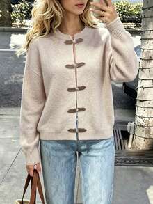 MORI Autumn/Winter Y2K Elegant Oatmeal Beige Round Neck Button-Up Long Sleeve Knit Cardigan Sweater For Women, Suitable For Outings, Parties, Vacation Wear - Apricot - View 6