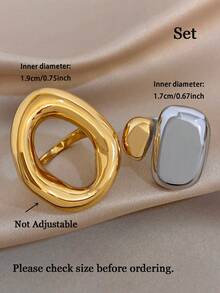1Pc/Set Irregular Hollow Oval Gold Ring Two-Tone Curved Open Ring Set,Stainless Steel Jewelry For Women,Party,Daily,Birthday Gifts,Halloween,Boho/Y2K - Multicolor - View 11