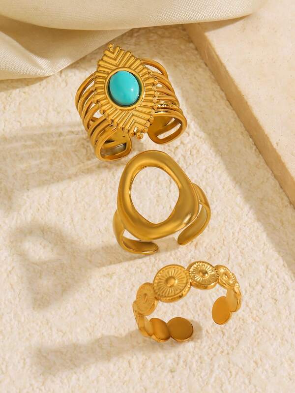3pcs Stainless Steel 18K Gold Plated Luxury Old Money Style Geometric Oval Coin Eye Ring Set Suitable For Women Daily And Holiday Wear