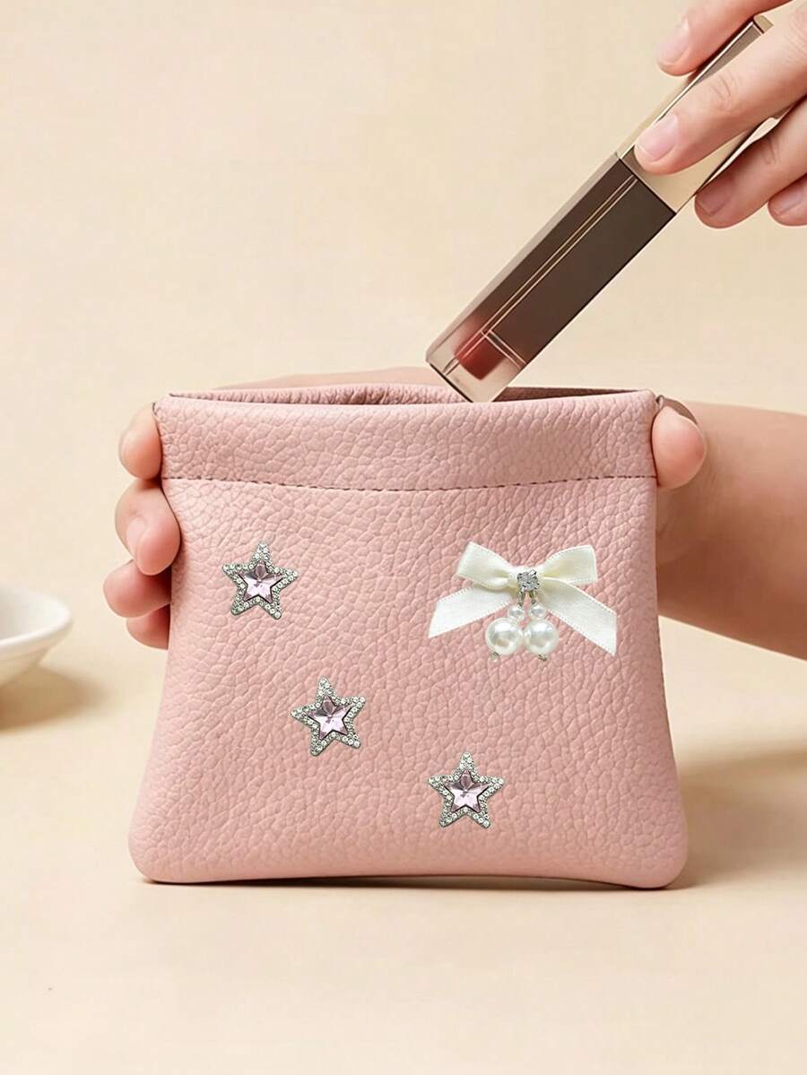 Cute Star Bow‑Pearl Decor Self-Closing Wallet Passport Document Holder Data Cash Storage Bag Cosmetic Bag Vacation Travel Essentials Accessories - Multicolor - View 1