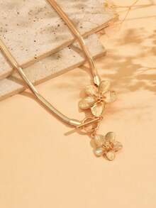1pc Fashion Flower Decor Gold Snake Chain Necklace, Elegant Versatile Chunky Chain Choker Jewelry Suitable For Daily Wear, Parties, Vacation - Gold - View 3