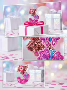 1 Stück farbige Glitzerkerze für Geburtstag, mit roségoldenem Glitzer im oberen Teil und magentafarbenem irisierendem Glitzer im unteren Teil, kombiniert mit kleinen Blumen und lila-rosa Schmetterling aus weichem Gummi. Geeignet für Halloween-Dekoration, Weihnachten - Verschiedenfarbig - Übersicht 1