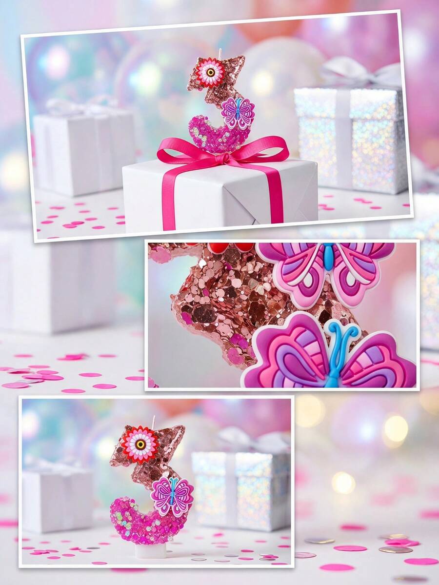 1 Stück farbige Glitzerkerze für Geburtstag, mit roségoldenem Glitzer im oberen Teil und magentafarbenem irisierendem Glitzer im unteren Teil, kombiniert mit kleinen Blumen und lila-rosa Schmetterling aus weichem Gummi. Geeignet für Halloween-Dekoration, Weihnachten - Verschiedenfarbig - Übersicht 1