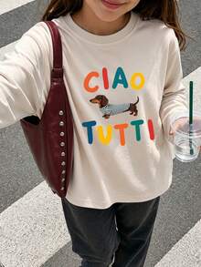 Tween Girl 1pc Sausage Dog Print Long Sleeve T-Shirt, Suitable For Girls' Autumn/Winter Top, Young Student Children's Clothing, Suitable For Outerwear And Layering - Apricot - View 3