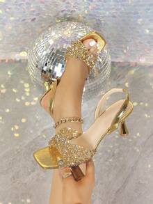 Women's Elegant Gold Fine-Textured High Heel Sandals, Open Toe Square Toe Stiletto Heels, Sparkling Rhinestone Decor, Sexy For Summer Festivals, Evening Parties, Gatherings, Runway, Daily Wear And Outdoor Activities - Gold - View 2