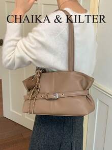 CHAIKA & KILTER 1pc Solid Color PU Fabric Tote Bag, Women's Vintage Fashion Shoulder Tote Bag, Dual Handle Design, Zipper Closure, Strap Decoration, Suitable For Daily And Outing Use (Sold With Pendant) - Khaki - View 8