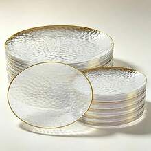 Luxury Gold Rim Hammered Texture [Glass-Like] Round Plate, Transparent Ice Flower Texture With Outstanding Quality, Available In Two Sizes, Suitable For Family Gatherings, Parties, Banquets, Dessert And Fruit Platters, High-End Transparent Texture, Exquisite Gold Rim Outlining The Plate Edge, Perfect For Daily Hosting And Banquet Decor - Clear - View 8