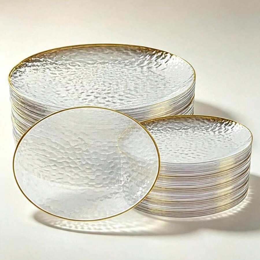 Luxury Gold Rim Hammered Texture [Glass-Like] Round Plate, Transparent Ice Flower Texture With Outstanding Quality, Available In Two Sizes, Suitable For Family Gatherings, Parties, Banquets, Dessert And Fruit Platters, High-End Transparent Texture, Exquisite Gold Rim Outlining The Plate Edge, Perfect For Daily Hosting And Banquet Decor - Clear - View 1
