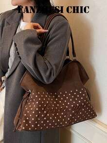Influencer Style Polka Dot Tote Bag With Colorblock Design, 3D Letter Print, Soft Body, Large Capacity Storage, Women's Casual Underarm Bag - Coffee - View 8