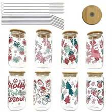 Christmas Themed Printed Glass Cup Set / With Bamboo Lid. Glass Straw, Stainless Steel Straw Brush. Multiple Fun Holiday Patterns, Transparent Cup Body With Excellent Texture, Suitable For Cold Drinks, Juice, Coffee, Perfect For Home Use, Holiday Gifts, Party Use, Decorating The Atmosphere Of Winter Time. - Multicolor - View 3