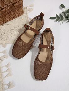 Bohemian Buckle Premium Fishnet Hollow Woven Closed-Toe Sandals - Brown - View 1