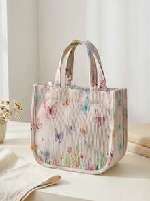 1pc Butterfly Print Corduroy Tote Bag, Snap Closure Cute Handbag, Reusable Student School Daily Outdoor Shopping Lunch Bag - Multicolor - View 13