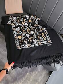 1件女款秋冬仿羊絨刺繡圍巾，加厚保暖披肩斗篷，附流蘇，波希米亞風旅行披肩 - 黑色 - 查看 3