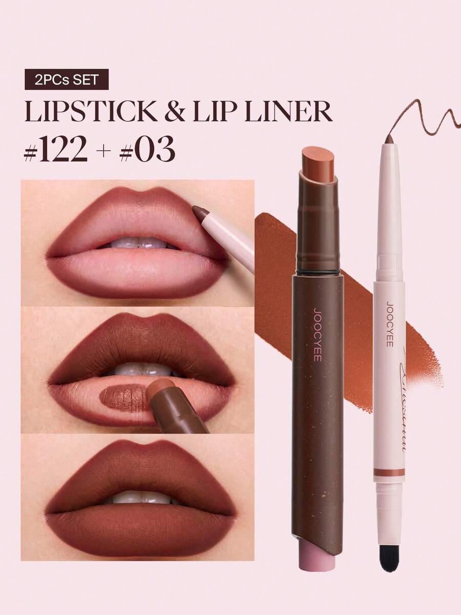 JOOCYEE 2PCS SET LIPSTICK&LIP LINER Longwear Precision Fuller-Lips Nude Lip Liner & Natural Matte Lipstick, Velvet Soft Matte Finish, Long-Lasting, Non-Stick, Non-Fading - 122 +03 - View 1