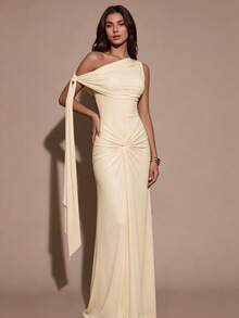 Summer Asymmetrical One Shoulder Dress Ruched Waist Slim Maxi Dress For Vacation & Date - Yellow - View 5
