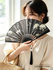 1pc Chinese Style Lotus Butterfly Print Folding Hand Fan With Tassel Pendant, Retro Portable Handheld Fan For Hanfu Qipao Cosplay Photography Summer Decor Gift - Double-sided Ink Lotus - View 3