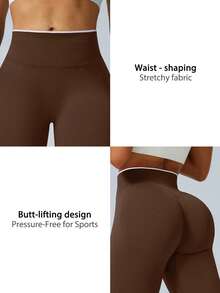 Mocha Color Block High Waist Leggings, Tummy Control And Butt Lift, Suitable For Fitness, Running, Yoga, Gym, Autumn/Winter Fashion Sportswear - Mocha Brown - View 5