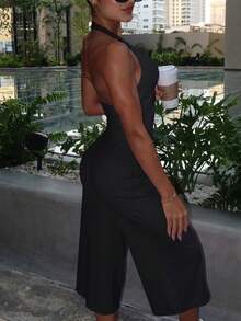 Women's 2-Piece Black Ribbed Halter Backless Yoga Set, Ruched U-Neck Top + High-Waisted Cropped Flare Pants, Elastic Breathable Shaping Workout Outfit - Black - View 3