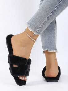 Women's Fashionable Comfortable Soft Home Slippers, Fuzzy Slippers, Women's Fluffy Open Toe Platform Slippers, Comfortable Solid Color Non-Slip Shoes, Soft Non-Slip House Slippers - Black - View 5