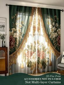 2pcs Dark Green & Gold Floral Print Curtains, 2D Flat Print European Luxury Damask Lace Pattern Curtains, Home Decor - Multicolor - View 1