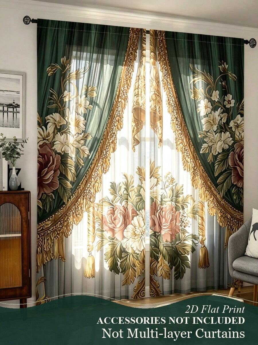 2pcs Dark Green & Gold Floral Print Curtains, 2D Flat Print European Luxury Damask Lace Pattern Curtains, Home Decor - Multicolor - View 1