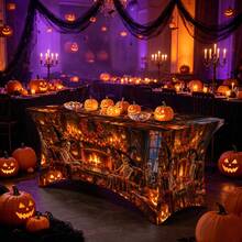 1pc Halloween Pattern Printed High Elasticity Tablecloth With Elastic Band - Stretchable Fit, Washable And Reusable Table Cover Suitable For Dining Table, Buffet Table, Dessert Table, Banquet, Holiday Party Decoration, Halloween, Birthday, Wedding - Suitable For Kitchen Use - Multicolor - View 9