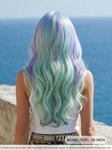 7JHH WIGS Hallowmas Green Purple & Blue Highlights Long Wave Curly Wigs For Women 26 Inch With Bangs, Synthetic Heat-Resistant Fiber Colorful Costume Wig For Cosplay Wear,Party Carnival Festivals Use - Multicolor - View 2