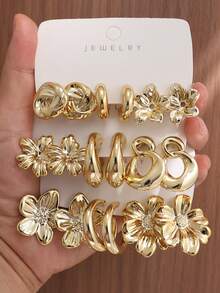 6/18PCS Fashionable Elegant Floral Geometric Texture Metallic Earring Set Suitable For Party, Banquet, Travel, Wedding, Vacation, Daily Wear Jewelry Gift (Lightweight ABS Material, Non-Fading) - Gold - View 1