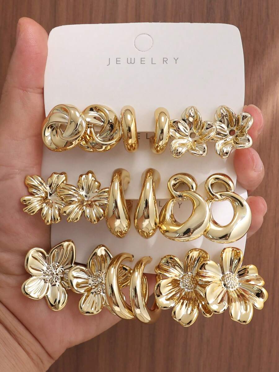 6/18PCS Fashionable Elegant Floral Geometric Texture Metallic Earring Set Suitable For Party, Banquet, Travel, Wedding, Vacation, Daily Wear Jewelry Gift (Lightweight ABS Material, Non-Fading) - Gold - View 1