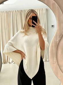 Women's Solid Color Loose Elegant Fashion Knit Shawl, All-Season Fabric, Versatile Fashion Accessory - Oyster White - View 2