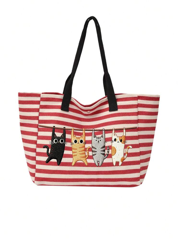 Cute Cat Print Striped Tote Bag Set, Large Capacity Handbag With Matching Small Pouch, Portable Zipper Storage Wallet Organizer Bag, Reusable Casual Shopping Grocery Beach Work Travel Day Bag, Multi-Functional Storage Pouch Kit, Ideal Gift For Women, Girls, Cat Lovers, Suitable For Daily, Vacation, Weekend Outings, Campus, Office Handbag - Multicolor - View 12